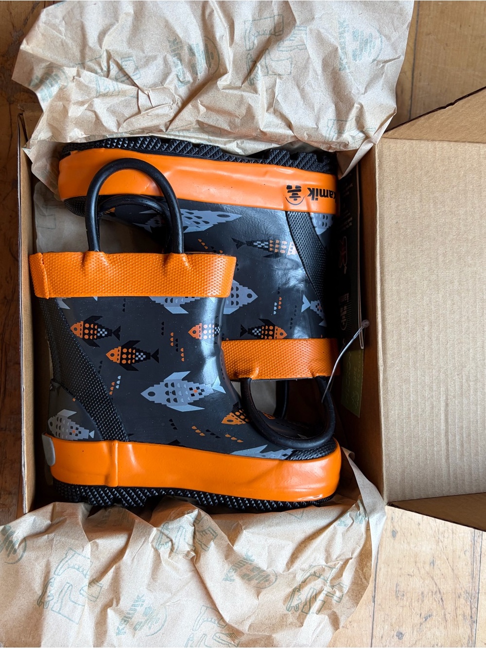 Kamik Kids Orange & Black Fish Print Rain Boots